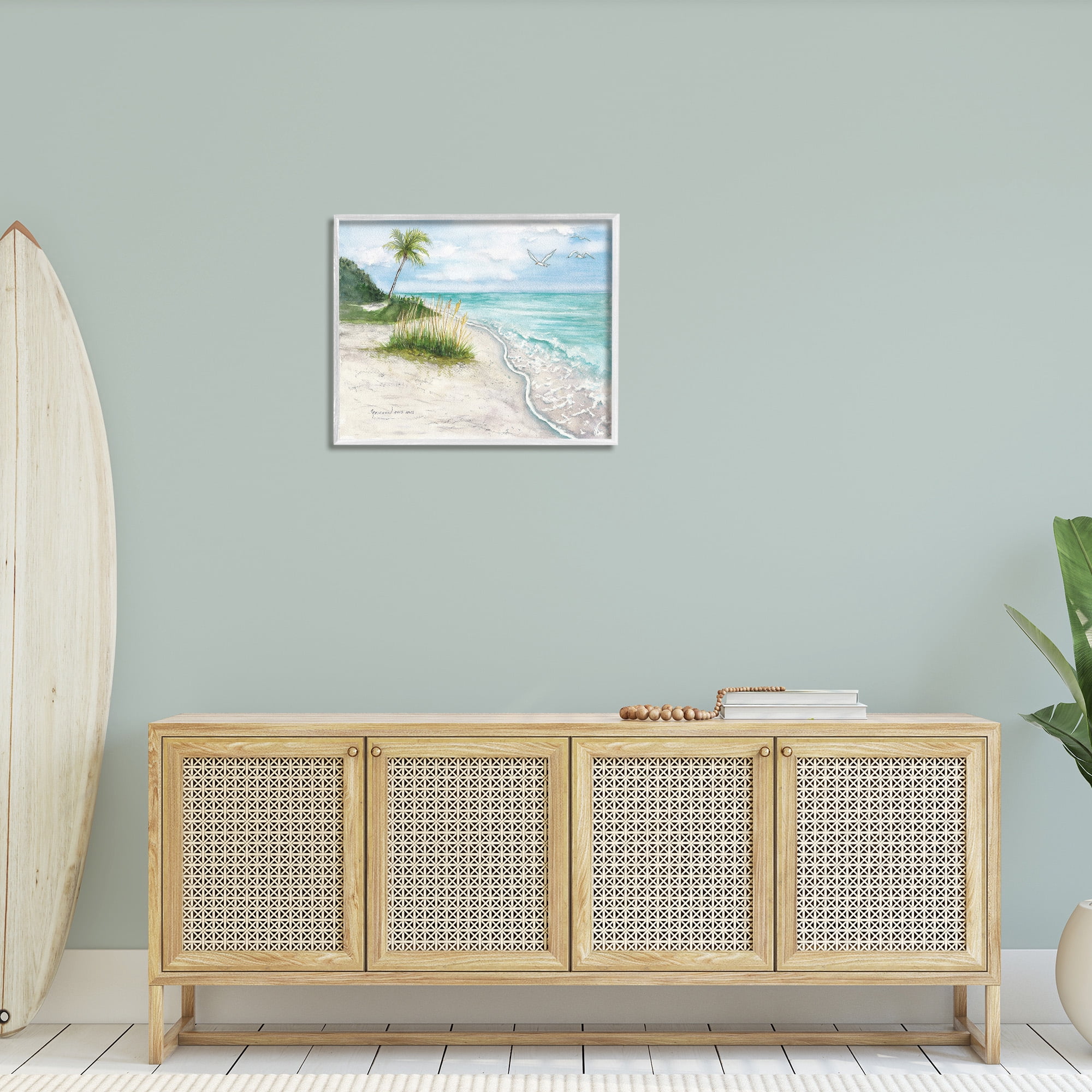 Stupell Industries Seagulls over Tropical Beach Landscape Painting White Framed Art Print Wall Art, 30 x 24