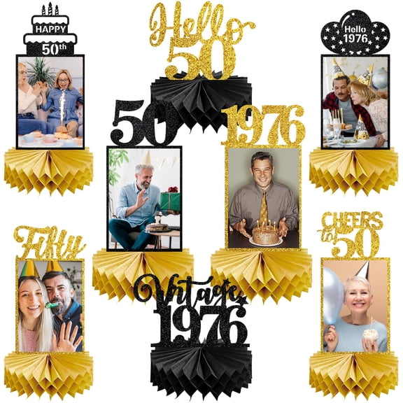 8Pcs 50th Birthday Decorations Honeycomb Centerpieces for Women Men, Black Gold Vintage 1976 50th Bday Photo Table Centerpieces Party Supplies, Glitter Cheers to 50 Year Old Bday Table Topper