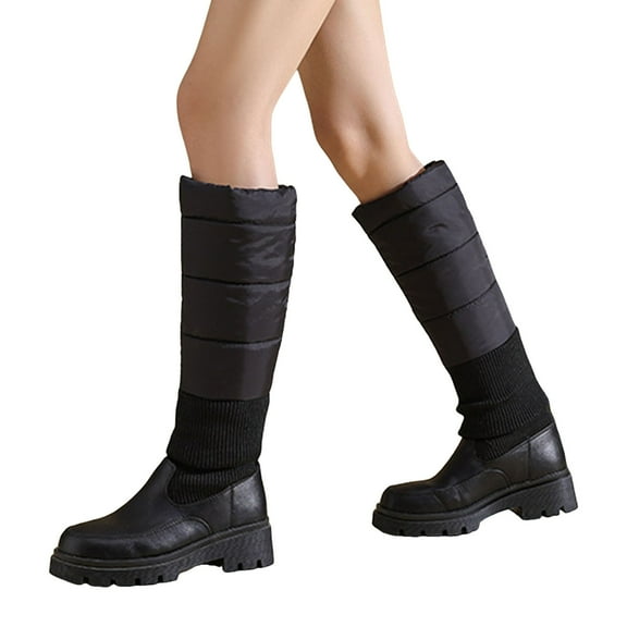 Knee High Snow Boots for Women Warm Furry Lined Fold Over Stretch Knit Long Chelsea Boots Pull on Platform Lug Sole Mid Calf Booties Black Size 9