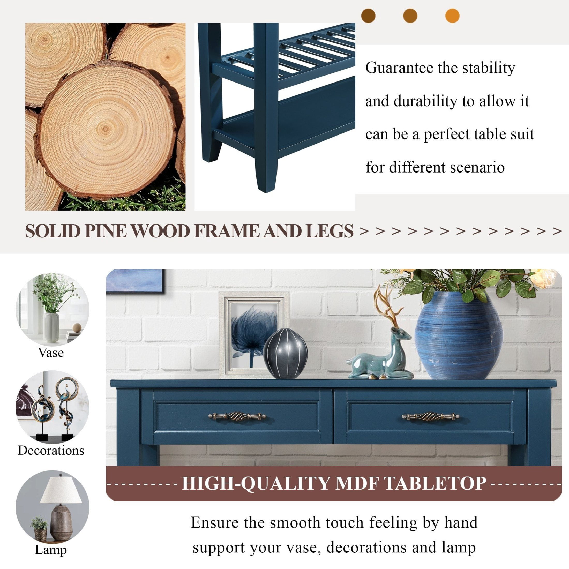 Noble House Heather Console Sofa Table, Pine Wood Frame with Drawers and Shelves for Entryway or Living Room, Navy Blue