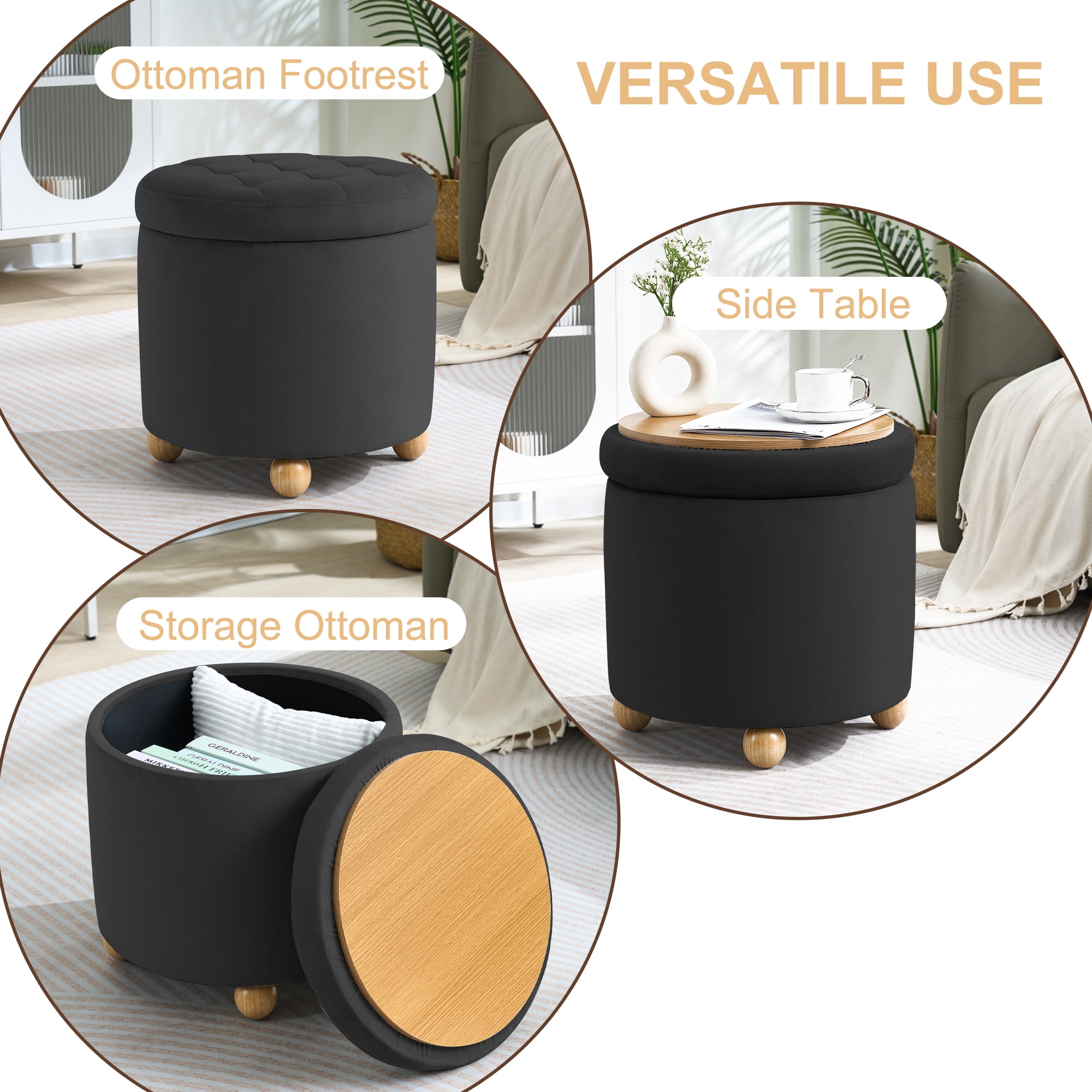 CoVibrant Modern Round Velvet Tufted Storage Ottoman with Reversible Tray Lid, Wooden Legs, Black, , 1-Pack, 17.52 in H x 17.72 in W