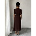 thumbnail image 2 of Brown Chiffon Wrap Dress With V-Neck, Puffed Sleeves, Cinched Waist And Pearl Button Detail, 2 of 5