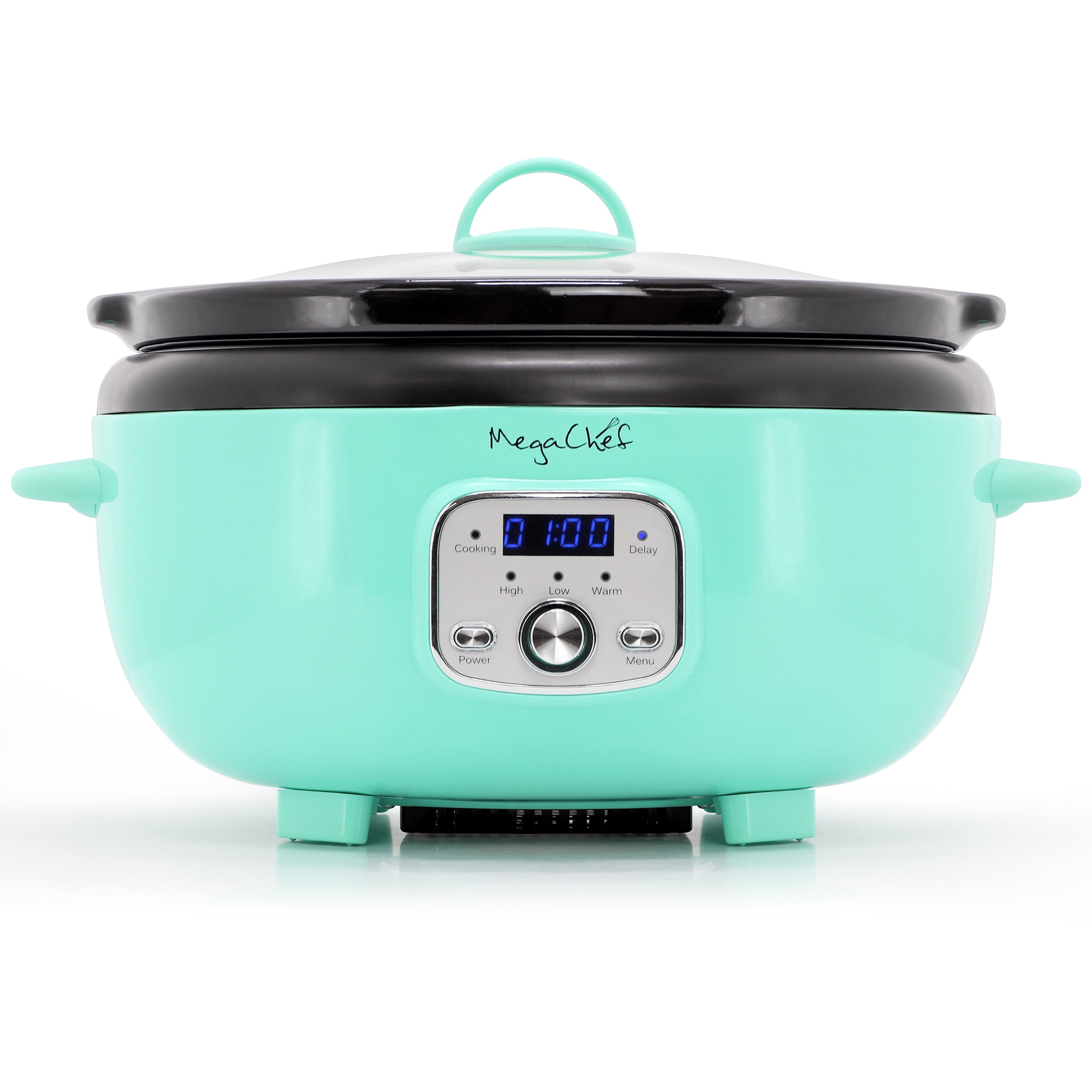MegaChef 6.5 Quart Oval Electric Slow Cooker in Turquoise with Black Pot
