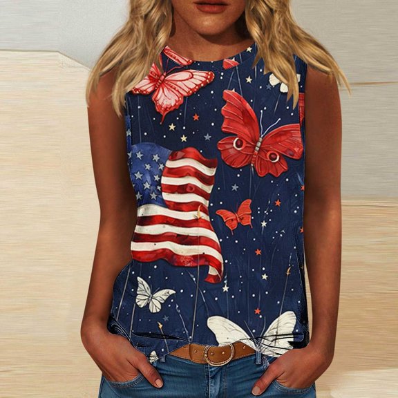 HaoXianJian Independence Day Womens Shirt Flag Patriotics Tank Tops for Women 2025 4th of July Shirt USA Flag Graphic Tank Tops Crew Neck Sleeveless Shirts Plus Size S-5X