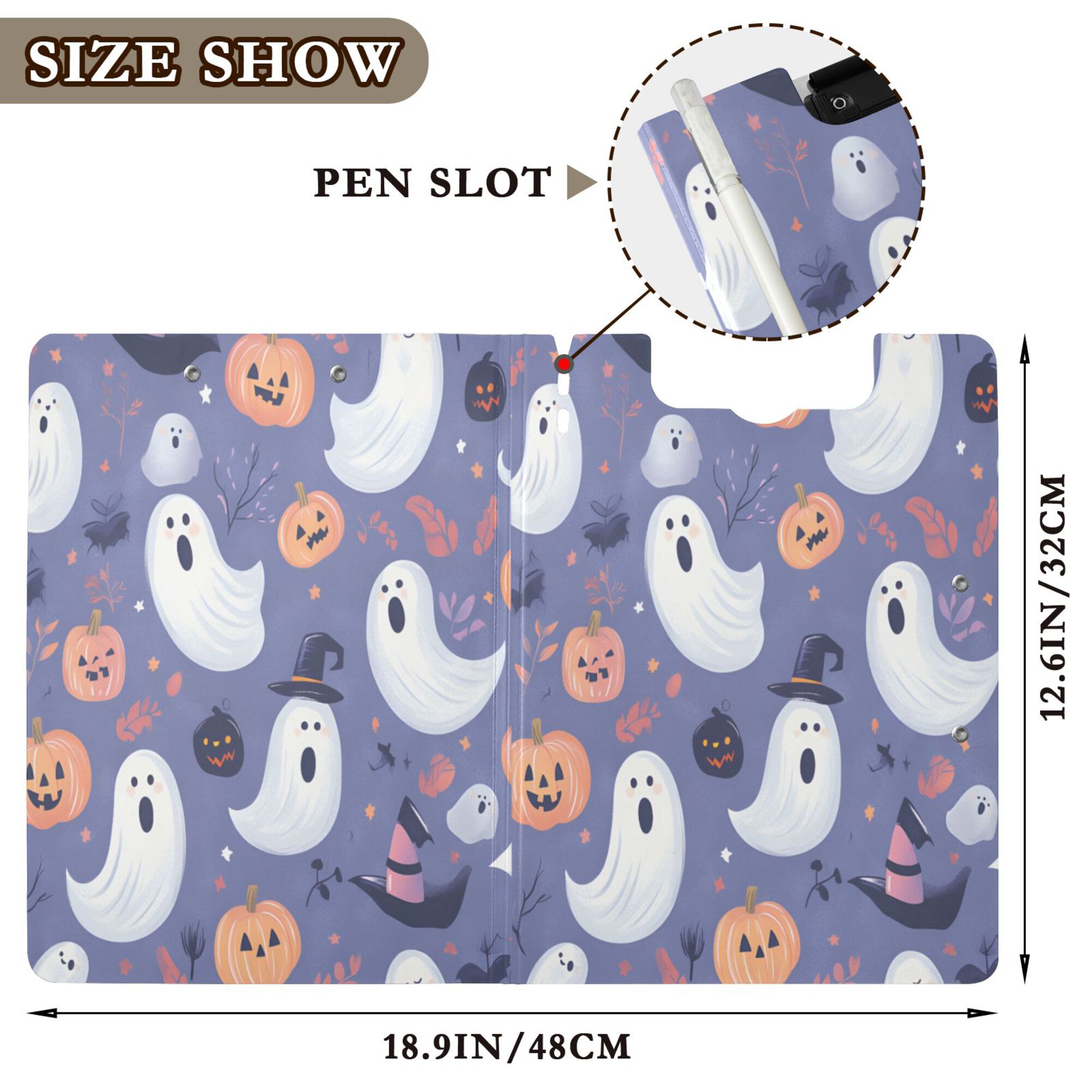 FORMRS A4 Clipboard Folder with Pen Holder Horizontal Foldable School Office Binder, Blue Cute Halloween