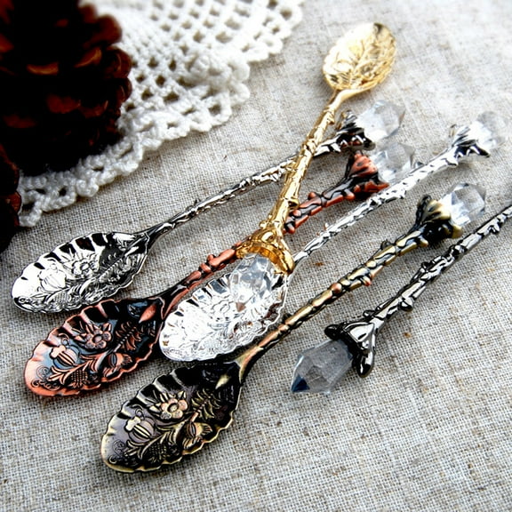 Windfall Mini Spoons - Coffee Espresso Demitasse Vintage Tea Spoon Vintage Flower Carving Tea Coffee Dessert Spoon Long Crystal Handle Dinnerware