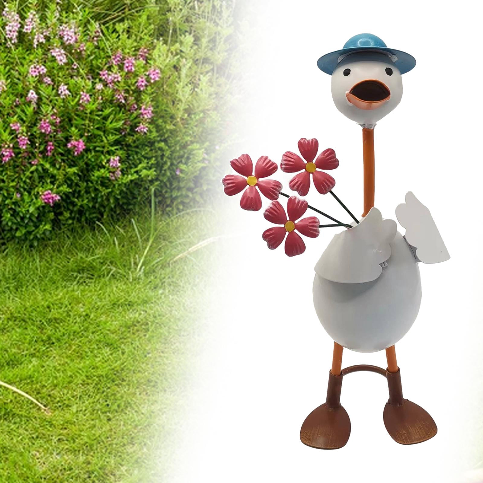 Baoblaze Duck Garden Statue Figurine Animal Garden Statue Ornament Funny Sculpture for Indoor ,Outdoor ,Fence ,Garden, Decor Red Flowers