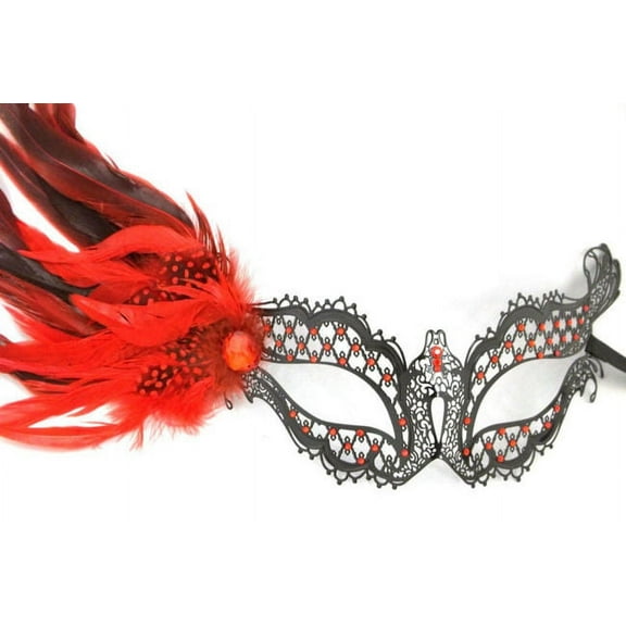 Red Black Dot Side Feather Masquerade Mardi Gras Metal Mask