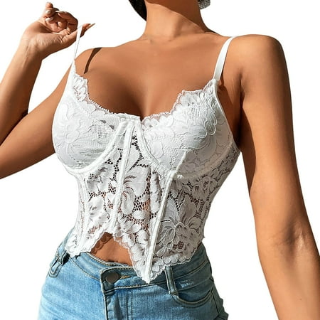 

JDEFEG Shelf Bra Tops for Women Plus Women s Punk Goth Floral Lace Bustier Corset Party Bralet Crop Top Crop Top Women Camisole for Women White L