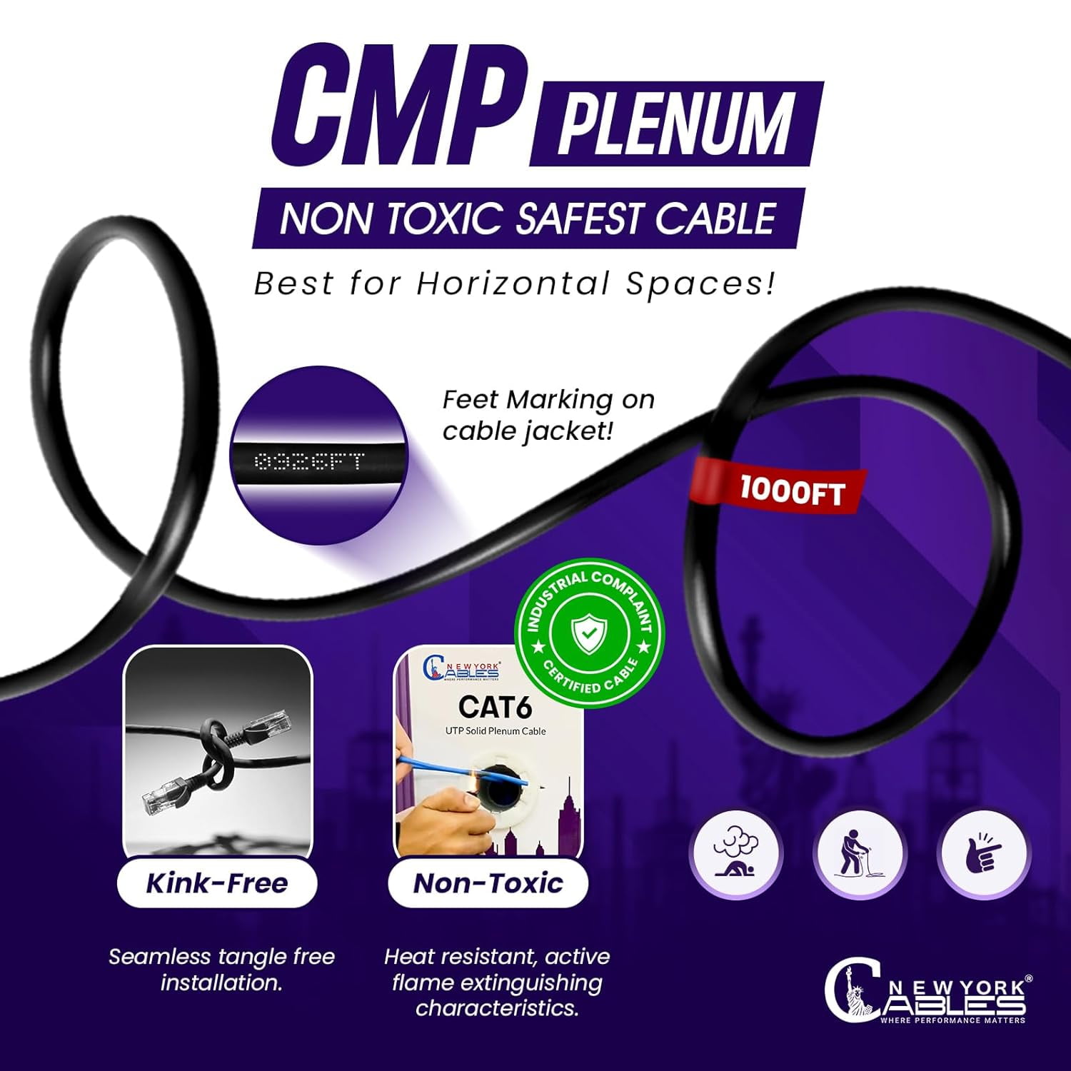 NewYork Cables Cat6 Plenum CCA 1000ft Bulk Ethernet Network LAN Cable UTP 4Pairs 550MHz 23AWG Black