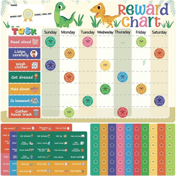 Reusable Magnetic Reward Chart with 76 Magnetic Behavior Stickers and 70 Reusable Star Stickers, Customizable Task Sections, Dry Erase Surface, Ideal for Kids and Young Children (Dinosaur)