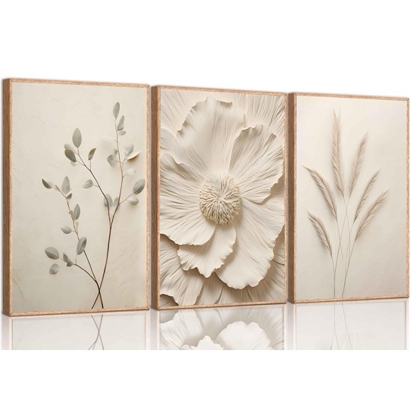 UZXTFQU Arte de pared, 3 piezas, lienzos florales beige