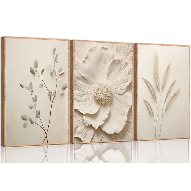 UZXTFQU Arte de pared, 3 piezas, lienzos florales beige
