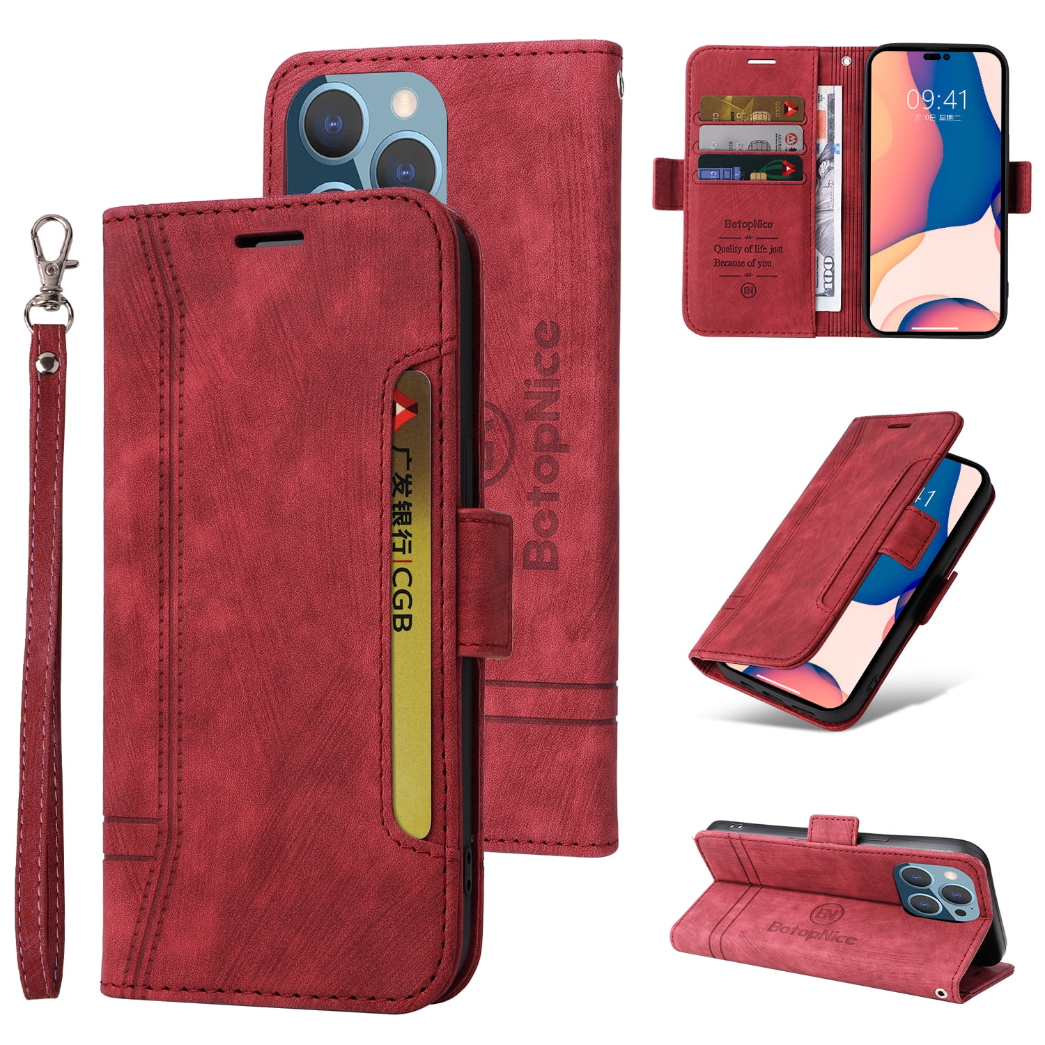 CaseMe iPhone 14 Pro Max Vintage Leather Zipper Folio Wallet Case with  Wrist Strap Red
