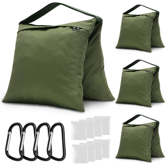 4 Packs Sandbags Military Green Weight Bags for Light Stand, Heavy Duty Saddlebags for Pop up Tent, Photography Backdrop Stand, Fishing Chair, Photo Video Tripod, Umbrella Base (No Sand)