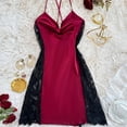 thumbnail image 5 of Women's Cool Glossy Imitation Silk Sleep Slip Dress, Delicate Lace Trim Cowl Neck Side Split Backless Spaghetti Strap Mini Nightgown Red XL(XL), 5 of 7