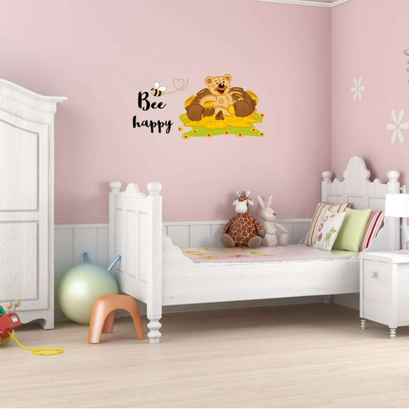 Children Bee Happy Cute Cartoon Wall Decal Decoration Honey Bee meadows Motivational Quote Decal Lasts Years and Easily Removable - Size: 20 In(W) x 10 In(H)