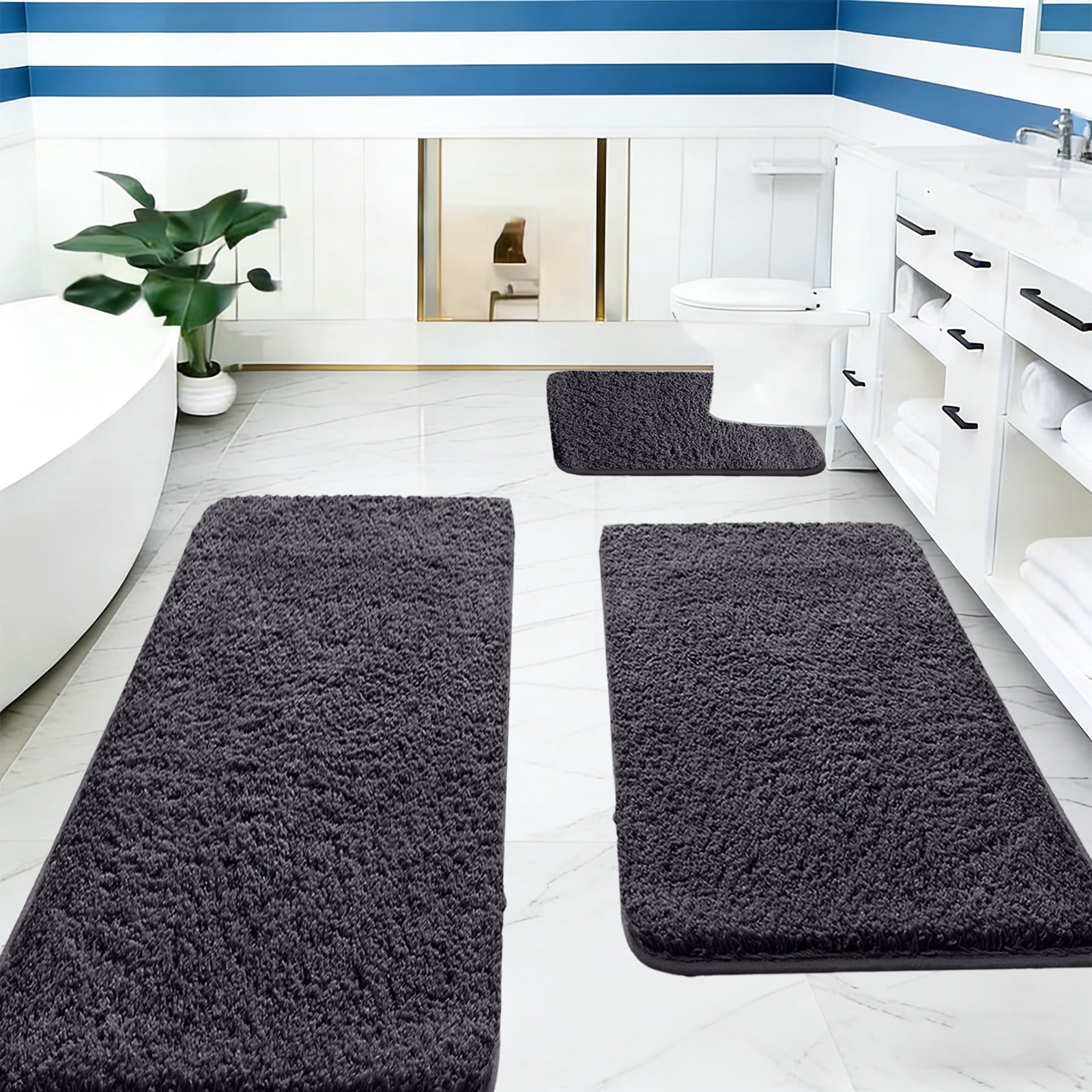 Tuvgenk Non Slip Bathroom Rug Set 3 Piece Water Absorbing Bath Rug Sets 3 Large Bath Mat Sets for Bathroom Floor(Black,31x16 inch,24x16 inch,20x16 inch)