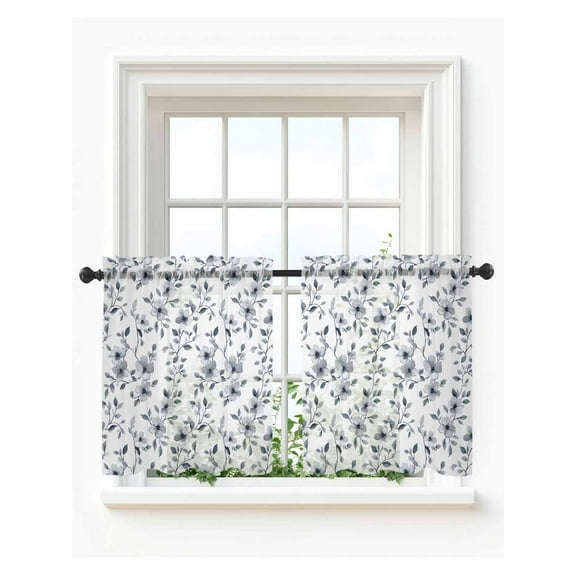 Navy Blue Spring Floral Tier Curtains 24 Inch Length,Sheer Curtains for Bedroom Living Room,Summer Botanical Pastoral Watercolor Rod Pocket Voile Drapes Kitchen Curtains for Window 27.5"x24" 2 Panels