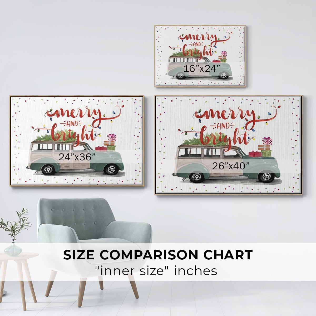 Christmas Cars Collection A - Framed Gallery Wrapped Holiday Canvas - 17 x 25 - Natural Wood Frame
