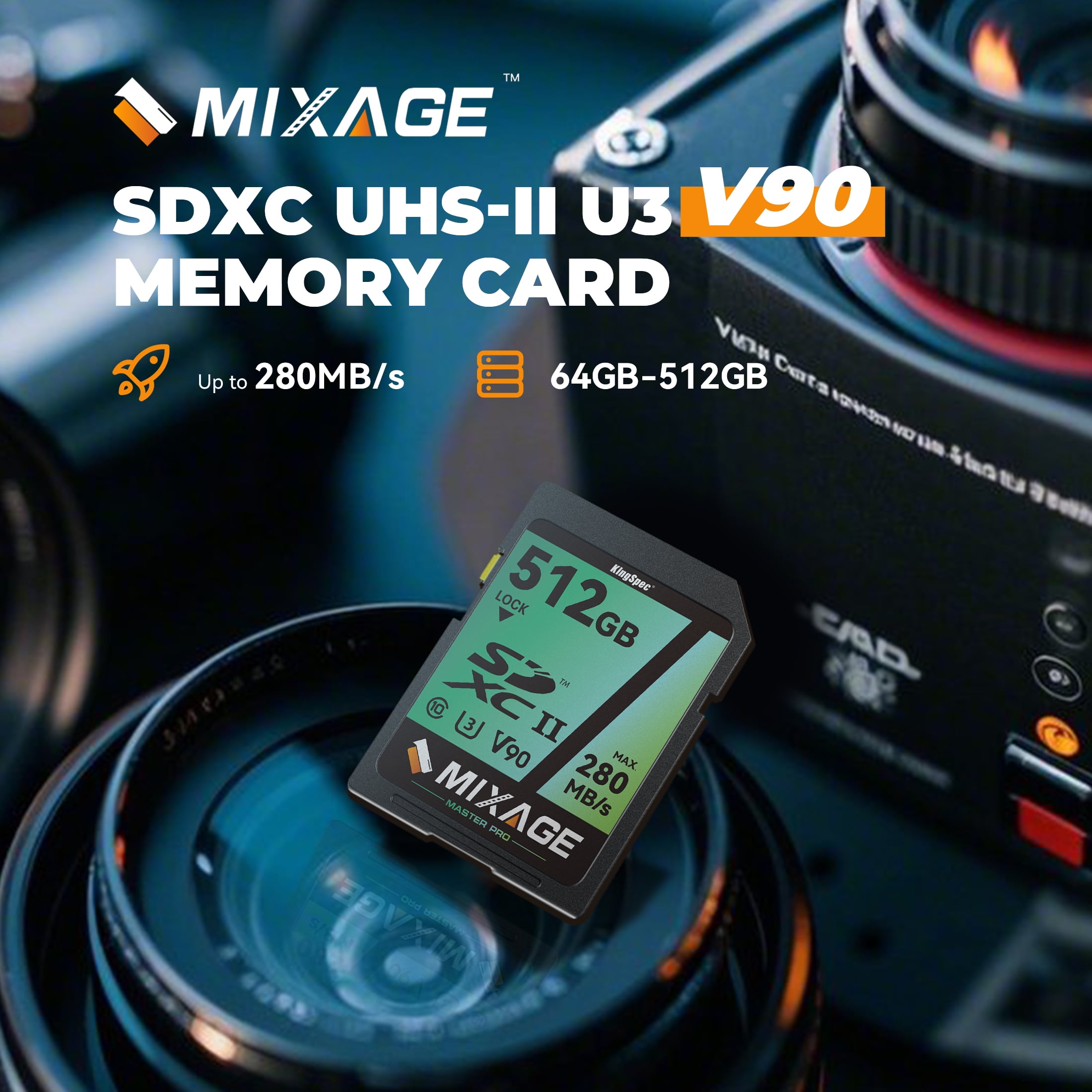 KingSpec MIXAGE 128GB SDXC U3 V90 A1 C10 UHS-II, 280MB/s Read 269MB/s Write 8K 4K UHD Flash Memory Card SD Card for Cameras
