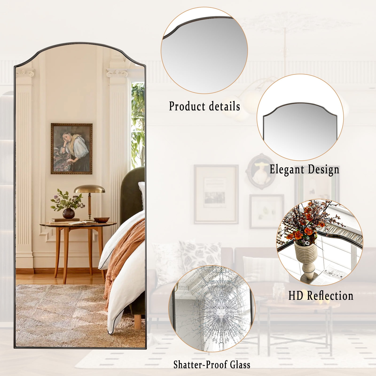 AUROMIR 71"x32" Arched Full Length Mirror Floor Mirror with Stand, Black