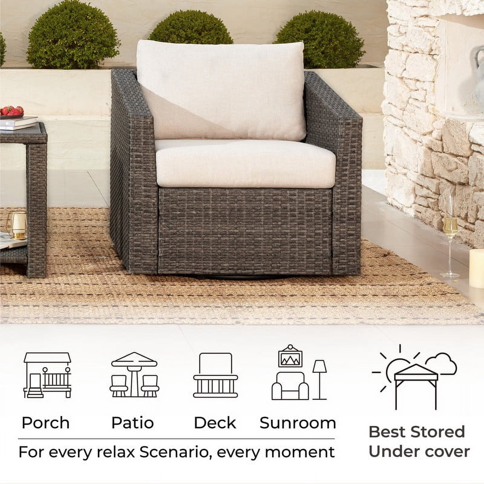 CHITA 2-Piece Outdoor Swivel Gray Wicker Chair with Cushion, Cream