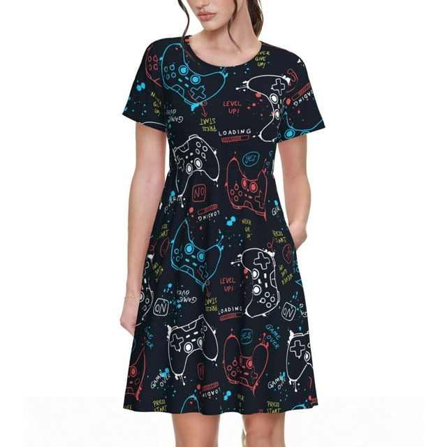 Lukts Manette de Jeu pour Femmes, Robe à Manches Courtes, Col Rond, T-shirt Ajusté, Longueur Genou, Adapté pour les Loisirs Quotidiens et le Bureau