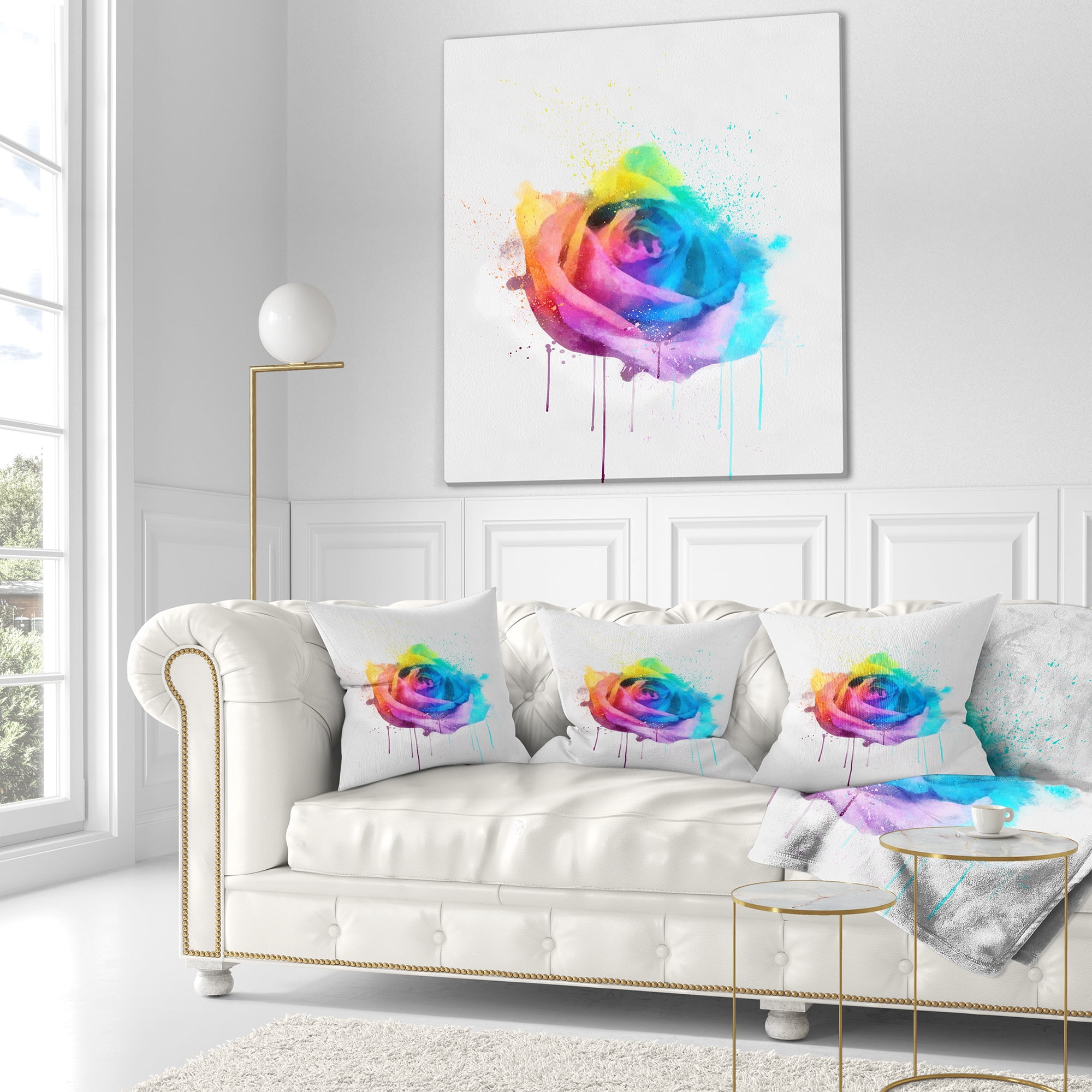 Designart Multicolor Watercolor Rose Flower - Floral Throw Pillow - 18x18