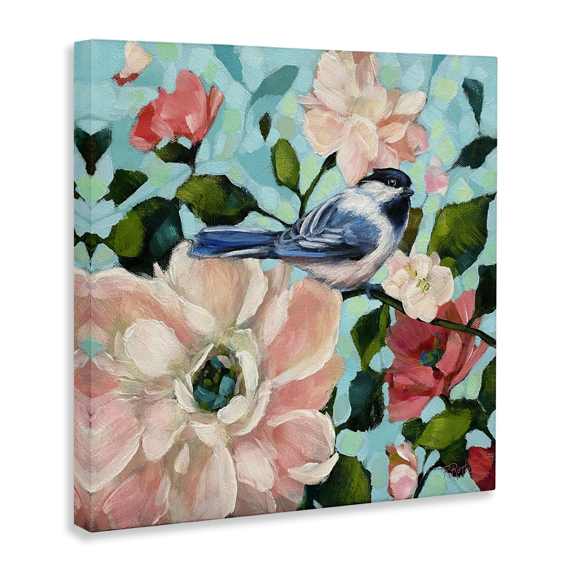 Stupell Industries Blue Bird & Bold Flowers Plants & Flowers Painting Wrapped Canvas Art Print Wall Art, 17 x 17