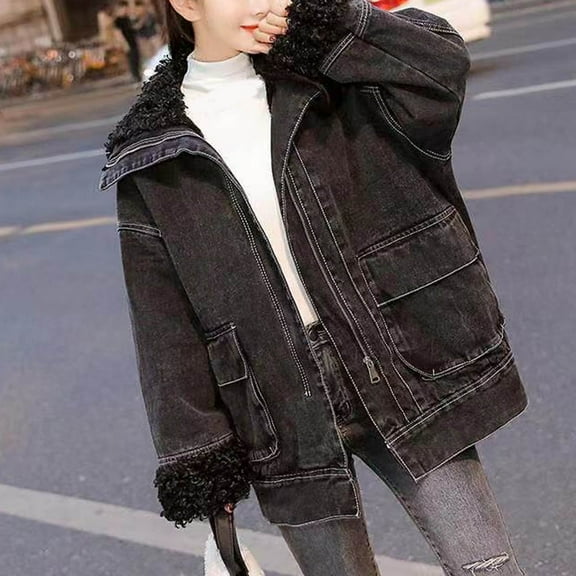 Lilgiuy Fashion Women Casual Cowboy Pockets Long Sleeve Thickened Tops Jacket Coat for Basketball Football