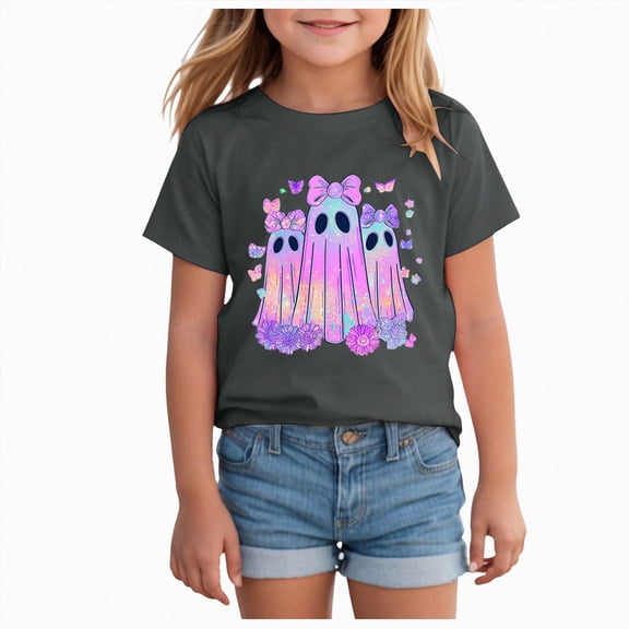 xaweyi Girls Halloween T Shirt Cute Ghost and Butterflies Graphic Short Sleeve Crew Neck,Sizes 12-18 Months
