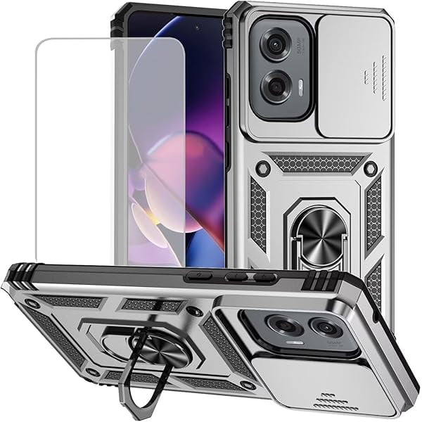 wonima11 for Motorola Moto G Stylus 5G 2024 Case with Tempered Glass Screen Protector and Slide Camera Cover, Magnetic Ring Car Mount Holder Kickstand Cover for Motorola Moto G Stylus 5G 2024 Silver