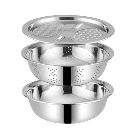 

yilyih Stainless Steel Bowl Set Multifunctional Stainless Steel Basin - New Three Piece Set of Colander Filter Salad Rotator Fruit and Vegetable Rice Washing Filter Basket Bowl