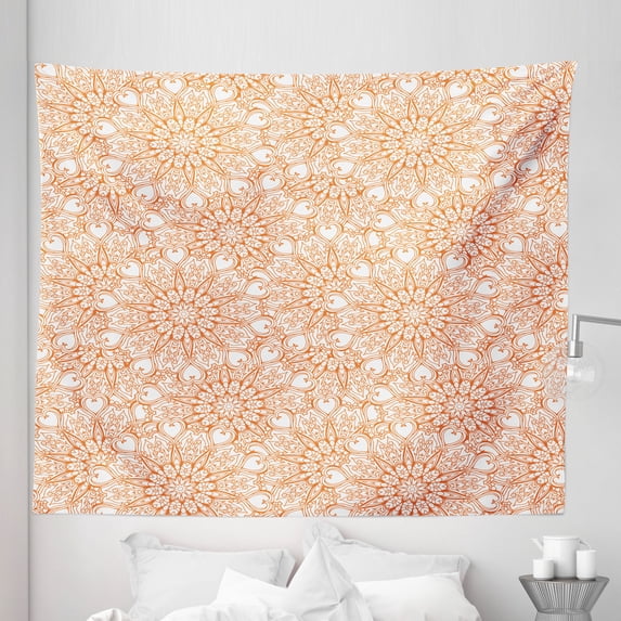 Abstract Tapestry, Tangled Monochrome Art of Hearts Streaks and Shapes Drawn by Hand, Fabric Wall Hanging Decor for Bedroom Living Room Dorm, 5 Sizes, Burnt Orange and White, by Ambesonne
