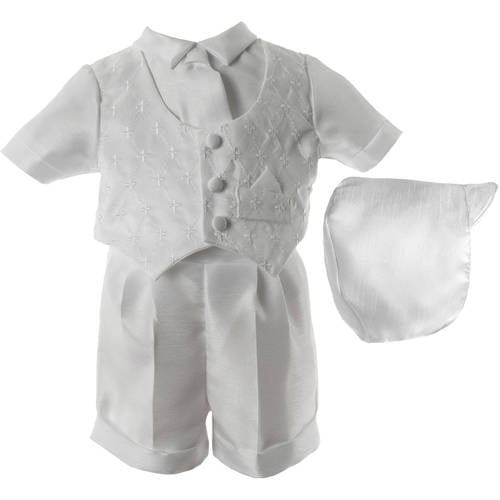 White Baby Toddler Boys Christening Baptism Outfit Short Set Diamond Vest Hat