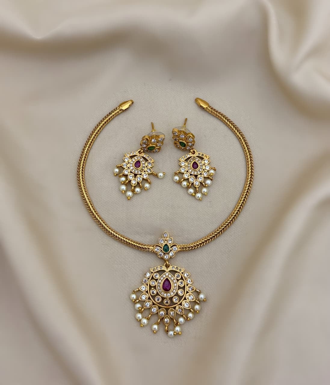 Matte Finish Gold Plated Choker Necklace Set - Indian Wedding Jewelry with Ruby, Green Stones & White Pearls, High-Quality Jewelry Set for Women