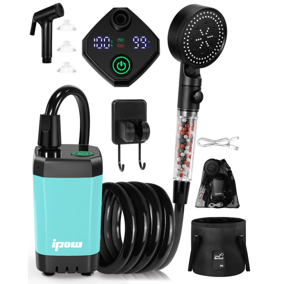 Pro Portable RV Camping Shower - 6000mAh 6 Spray Modes | 20L Water Bag | LED Display with 3-in-1 Hook| RV Pet Bath Car Wash Beach Gardening | Compact Rechargeable RV Shower Kit Travel Accessories