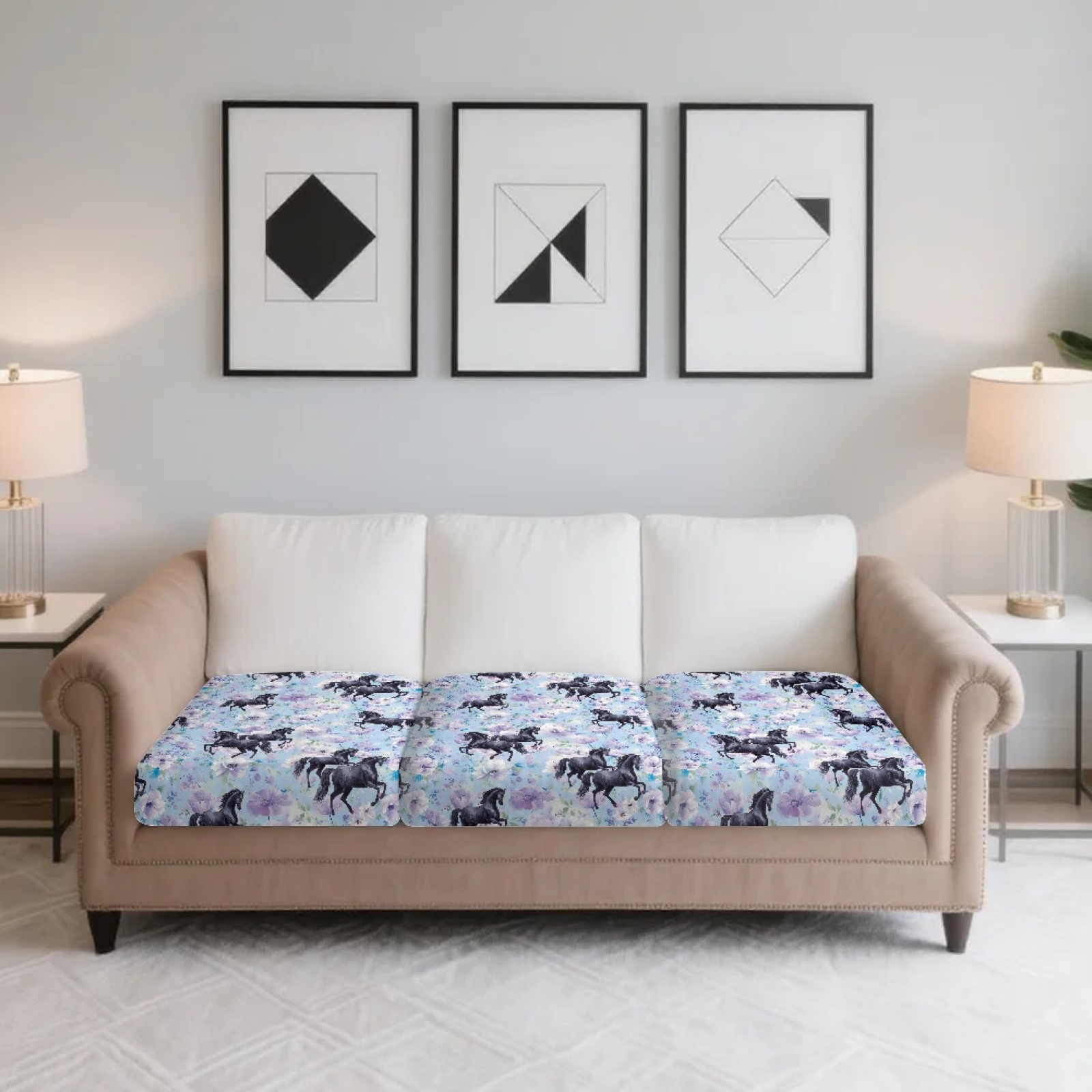 Xoenoiee Blue Flower Horse Print 3-Piece Stretch Couch Cushion Covers, Non-Slip Elastic Sofa Seat Slipcovers Washable Furniture Protector for 3 Cushion Couch, Loveseat, Sectional