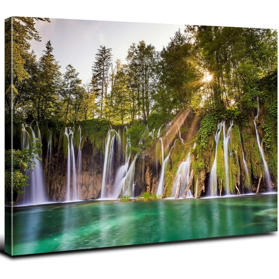 Waterfall Wall Art Sunrise Green Forest Picture for Living Room Vintage National Park Poster Canvas Croatia Plitvice Lake Photo Prints Nature Scenery Painting Artwork Bedroom Home Decorations 12x16"