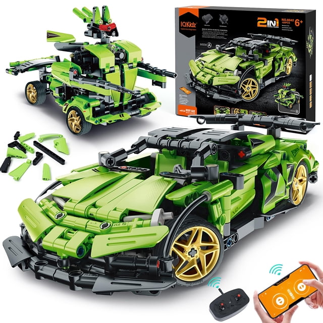 Kit de bloques de construcción IQkidz, robot de coche con control remoto 2 en 1