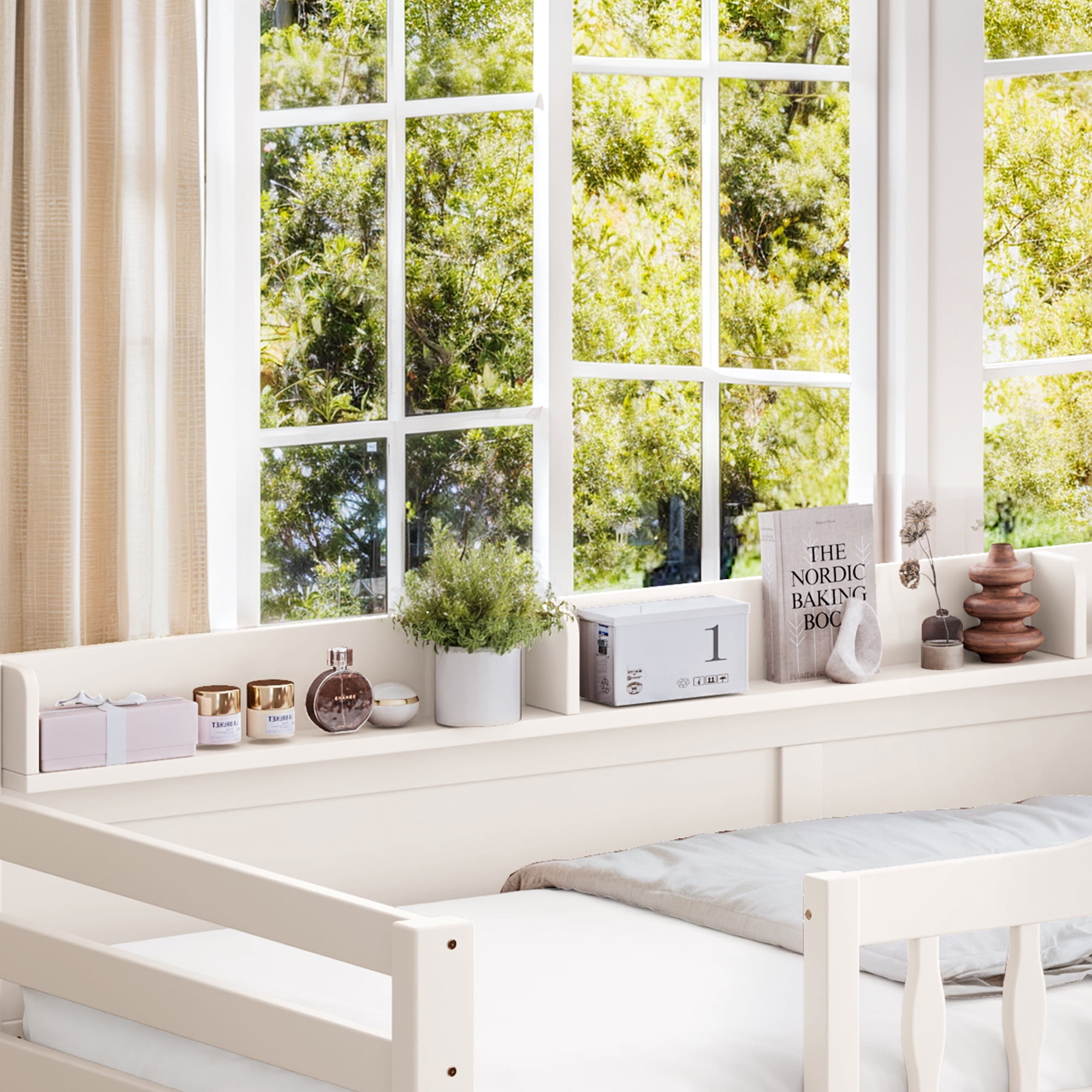 Leumius Twin XL over Queen Bunk Bed with Storage Drawers, Chic Curved Guardrail & Side Storage Shelves, Bunk Bed Frame with Ladder Beige