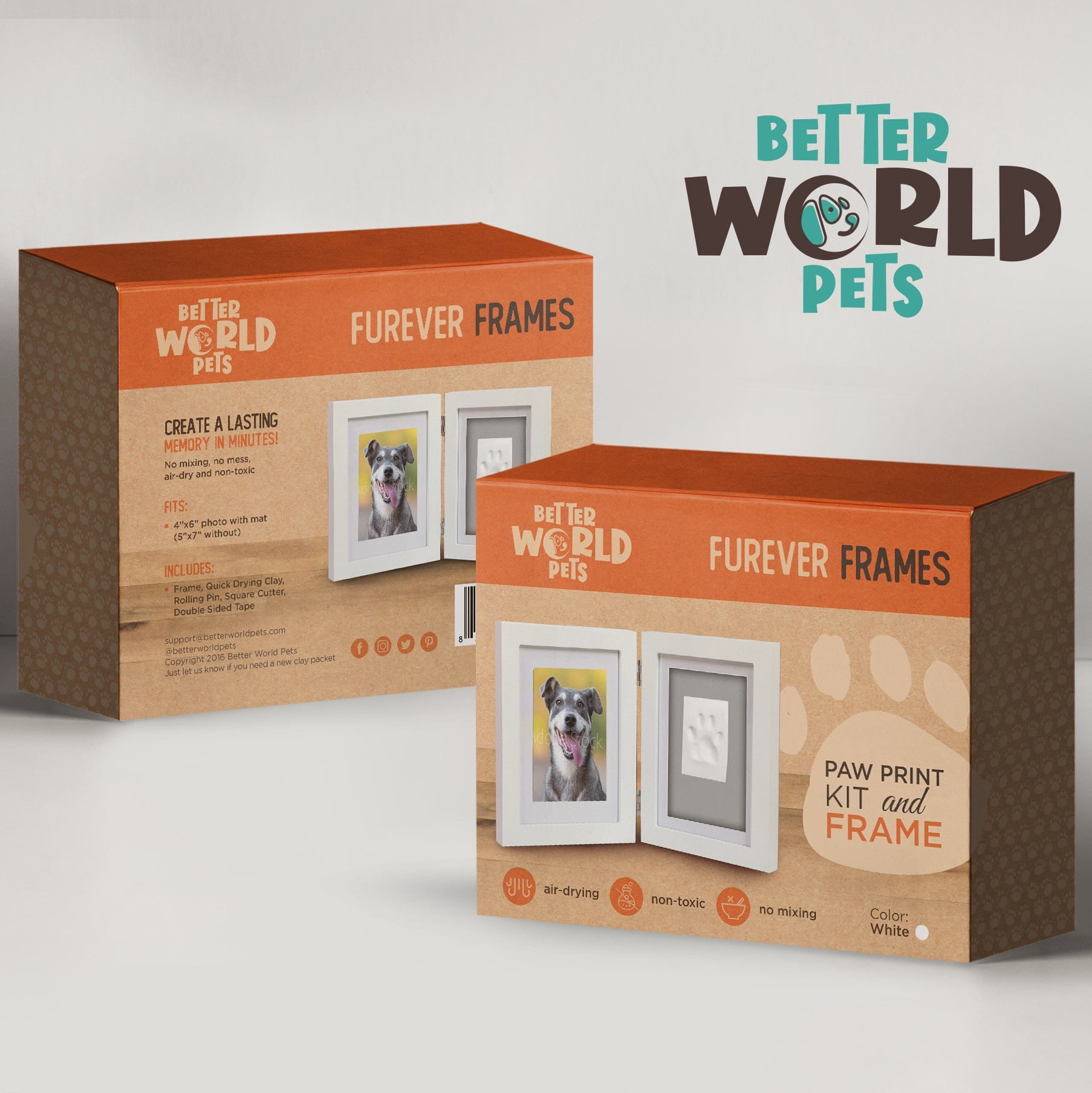 Better World Pets Pet Memorial Frame with Clay Paw Print Kit - Holds 4x6 Photo, Brown