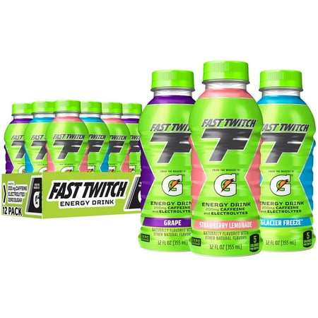 Fast Twitch by Gatorade 3 Flavor Variety Pack Energy Drink — Strawberry Lemonade Grape and Glacier Freeze Flavor (12 fl oz, 12 Count Bottles) — BEST BY: 02/10/25, 05/17/25, 04/14/25)