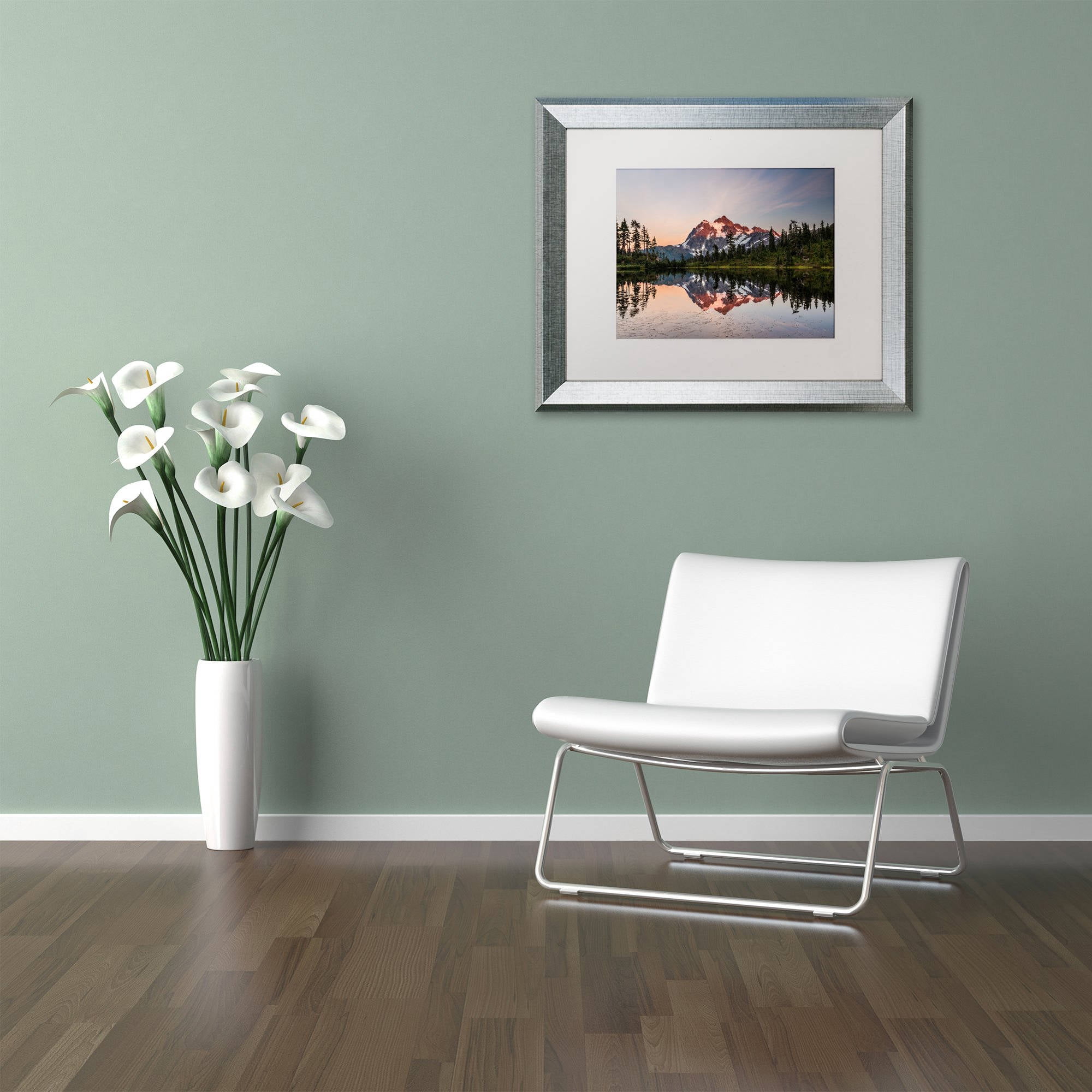 Trademark Fine Art 'Picture Lake Dusk' Canvas Art by Pierre Leclerc, White Matte, Silver Frame