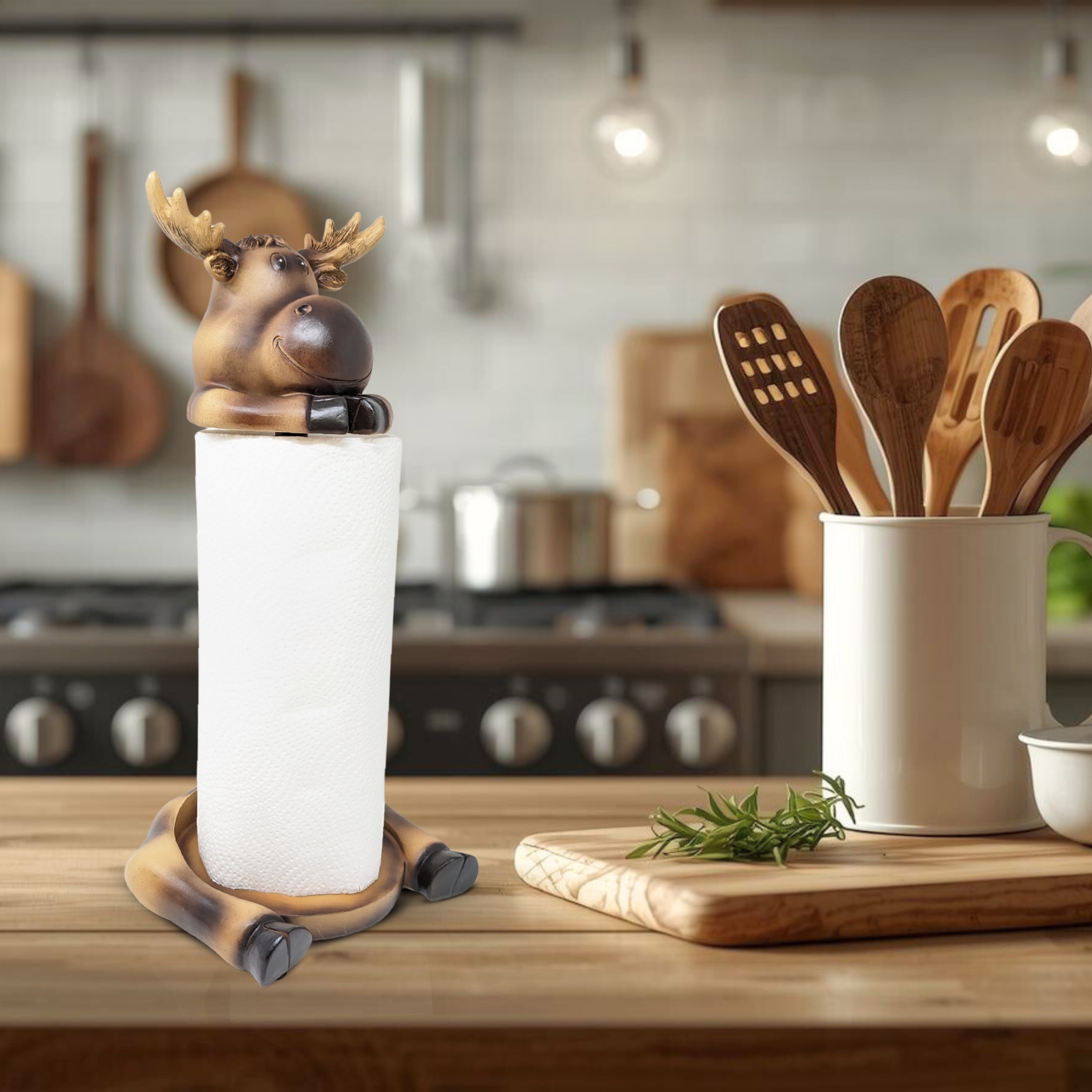 Moose Paper Towel Holder – Rustic Resin Freestanding Kitchen Countertop Paper Towel Stand – Lodge, Cabin, Farmhouse, or Woodland Decor – Funny Animal Kitchen Accessory & Moose Lover Gift Idea