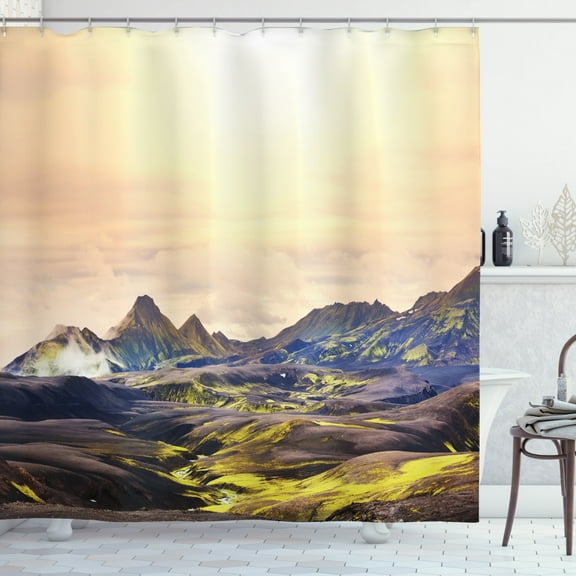 Iceland Shower Curtain, Graphical Illustration of a Dramatic Icelandic Landscape Mountainous Scenery, Fabric Bathroom Set with Hooks, 69W X 70L Inches, Multicolor, by Ambesonne
