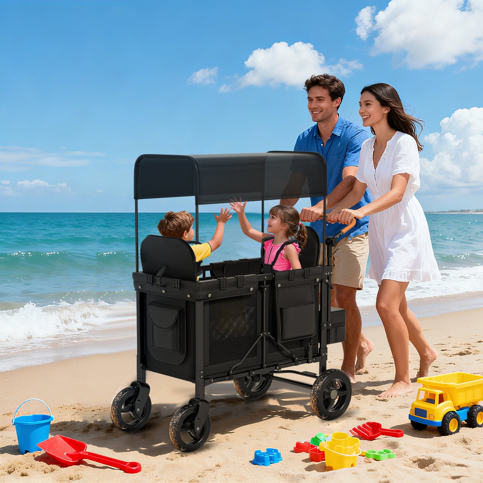 TABU Stroller Wagon for 2 Kids,2 Seater Stroller Wagon with Adjustable Handles,5-Point Harnesses,Black