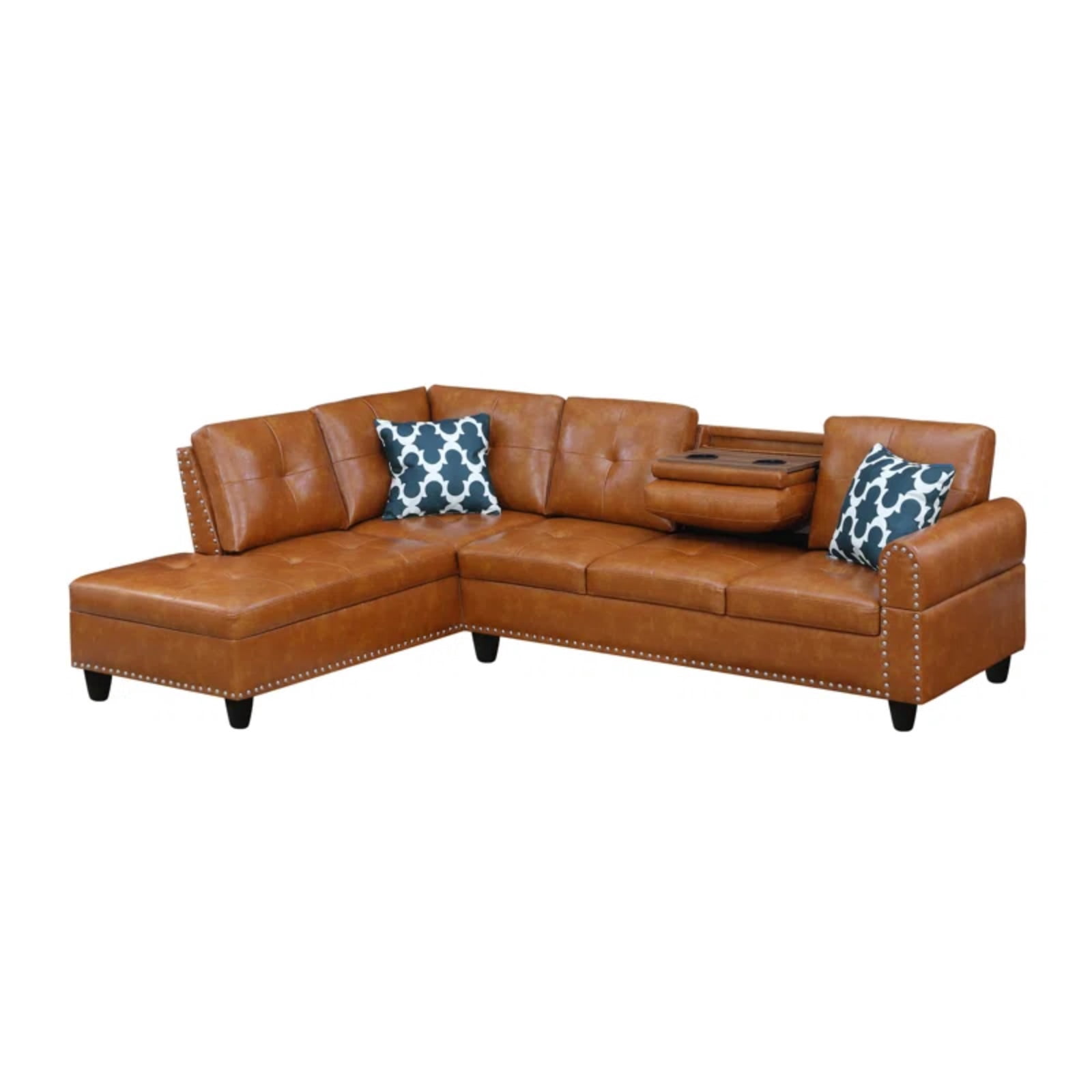 Hommoo L-Shaped Upholstered Sectional Sofa Couch with Storage & Cup Holders, Faux Leather Living Room Sofa Set, No Ottoman, Ginger