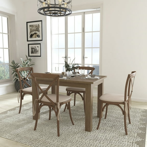 Flash Furniture HERCULES 46" x 30" Antique Rustic Farm Table Set with 4 Cross Back Chairs and Cushions